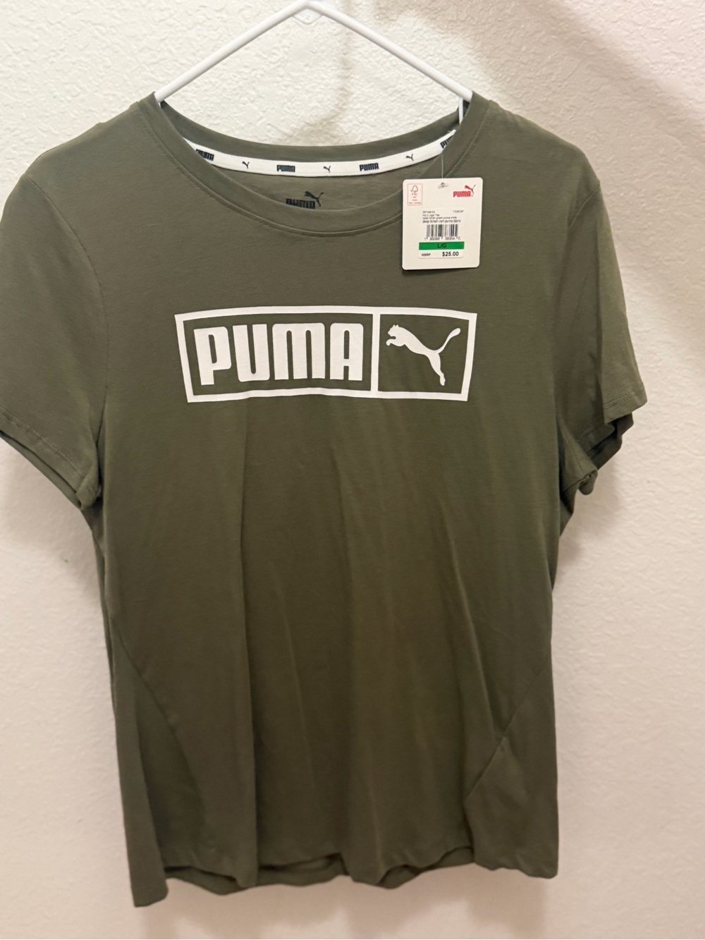 Puma Olive Green Short Sleeve Tee with White Logo